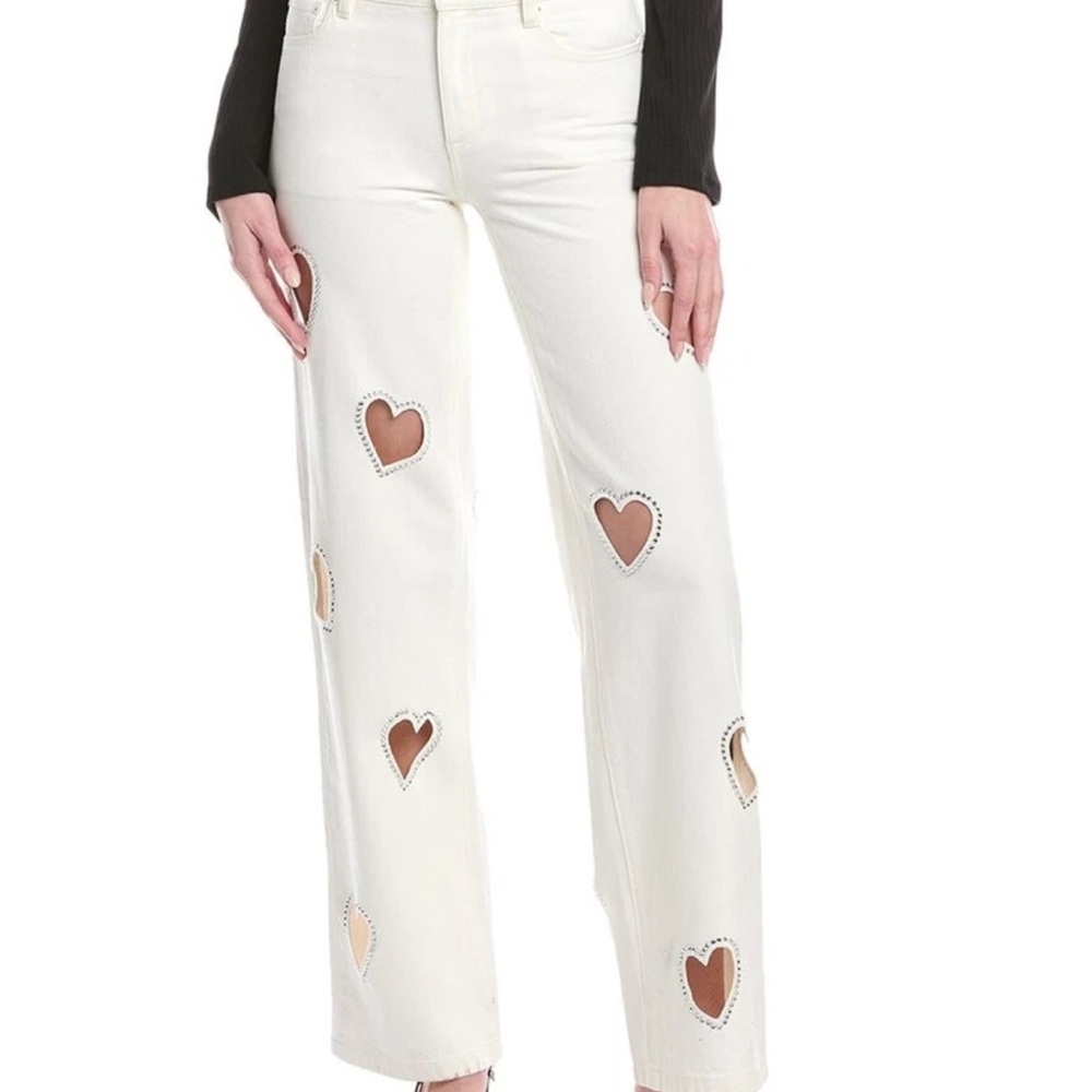 Alice + Olivia Cream Heart Embellished Wide Leg Jeans